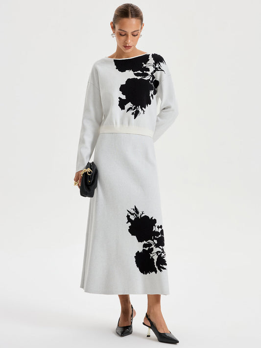 Ink-Wash Painting Pattern Knit Maxi Skirt