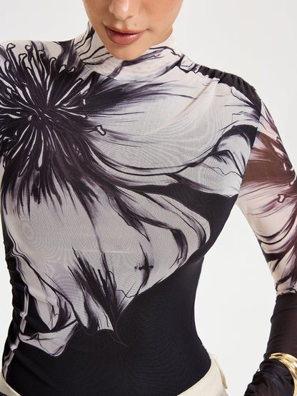 Floral Placement Print Mesh Bodysuit