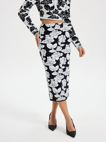 Floral Pattern Knit Midi Skirt