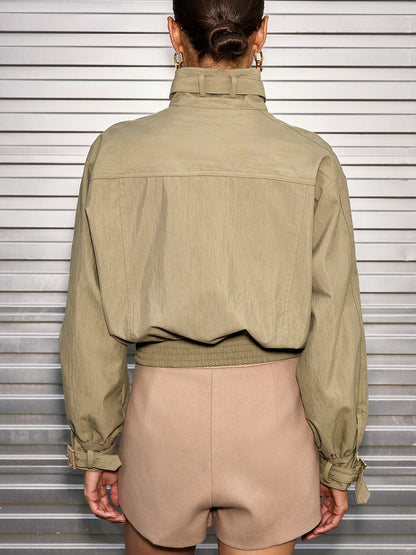 Belted Collar Cotton Blend Cropped Jacket
