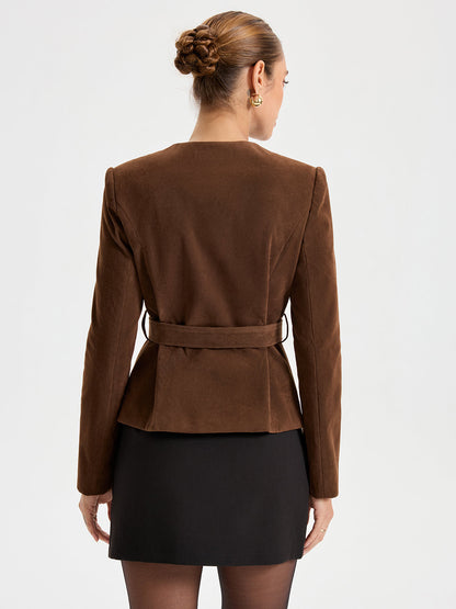 Suede Round Neckline Metal Button Blazer With Belt