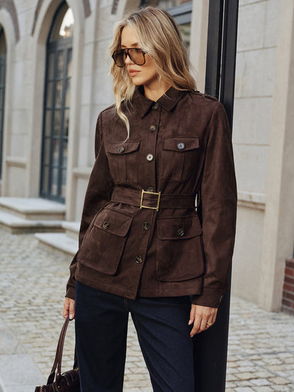 Multiple Pocket Belted Suede Trench Coat