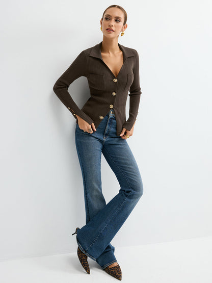 Polo Neck Ribbed Knit Top