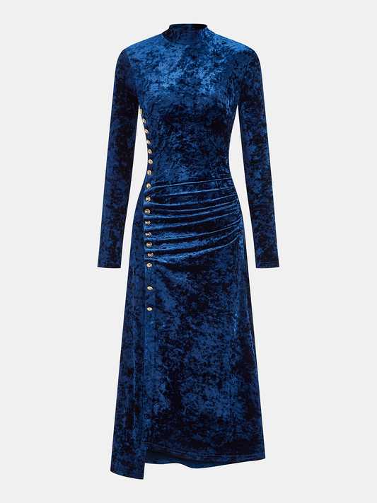 Metal Button Ruched Velvet Maxi Dress