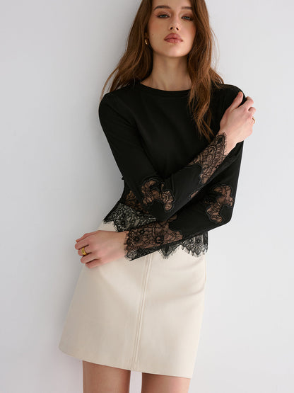 Lace Hem Long Sleeve Top