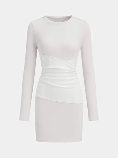 PU Leather Panel Long Sleeve Knit Dress