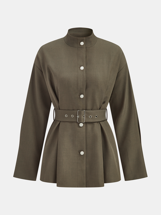 Stand-Collar Belted Trench Coat
