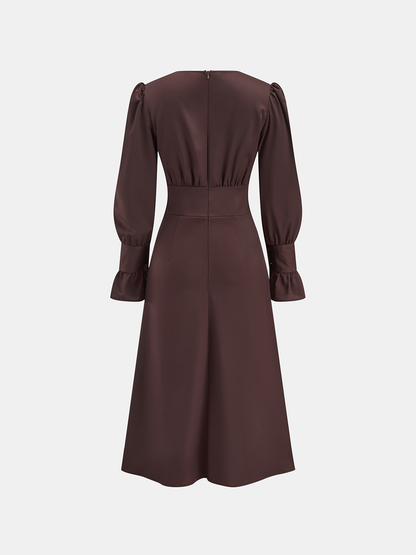 V-Neck Puff Sleeve Button Fitted Dress