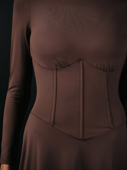 Mock Neck Corset Waist Long Sleeve Maxi Dress