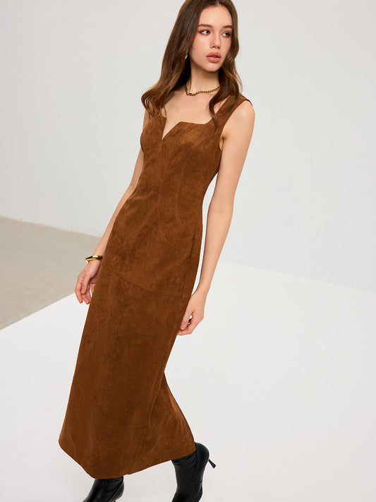 Suede Low-Neck Sleeveless Maxi Dress