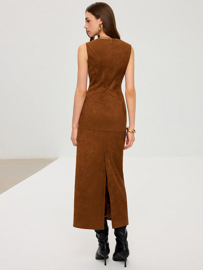 Suede Low-Neck Sleeveless Maxi Dress