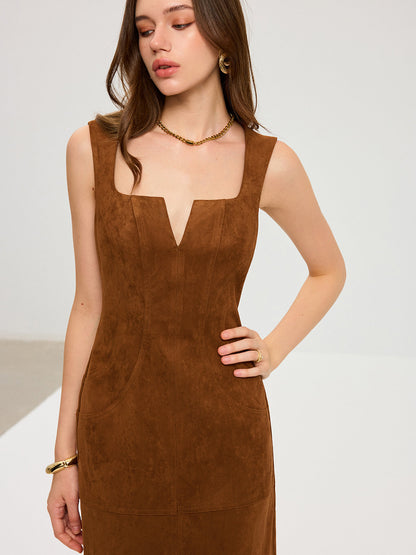 Suede Low-Neck Sleeveless Maxi Dress