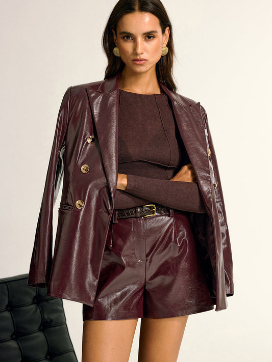 PU Leather Metal Button Lapel Pocket Blazer