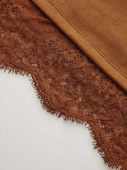 Lace Hem Suede Mini Skirt