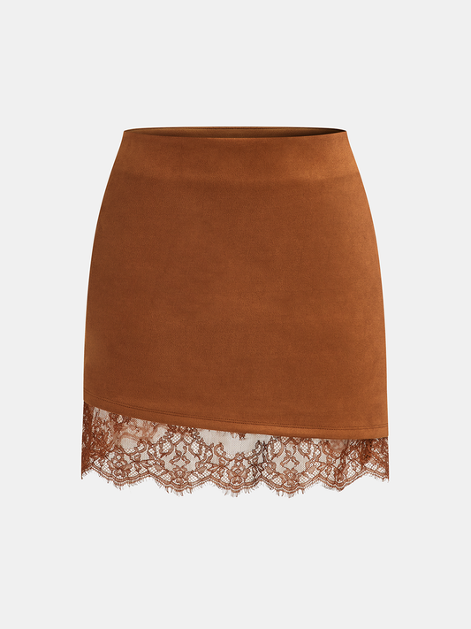 Lace Hem Suede Mini Skirt
