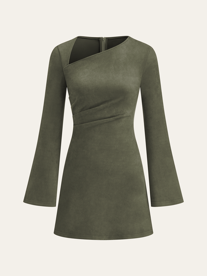 Asymmetrical Ruched Long Sleeve Suede Mini Dress