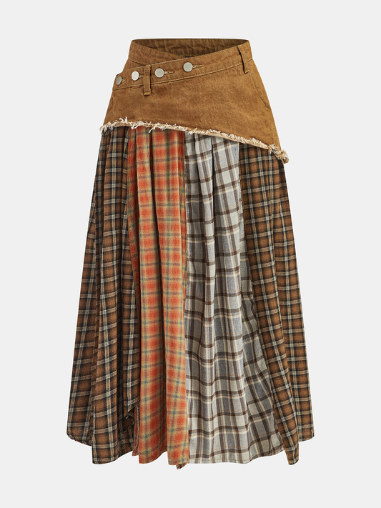 Denim Paneled Mixed Plaid Midi Skirt