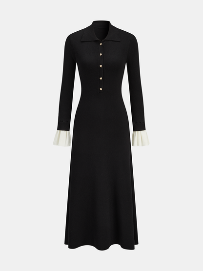 Contrast Cuff Collared Knit Maxi Dress
