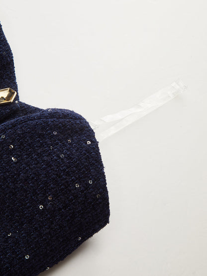 Metal Button Sequin Tweed Strapless Vest