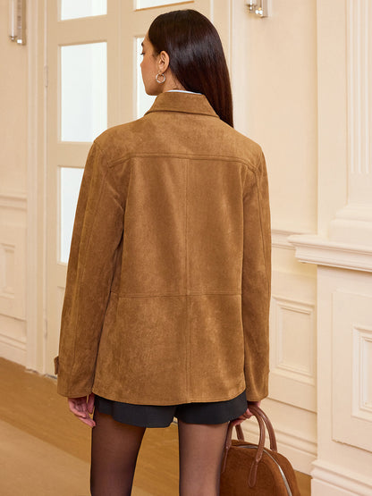 Collared Button-Front Suede Blazer