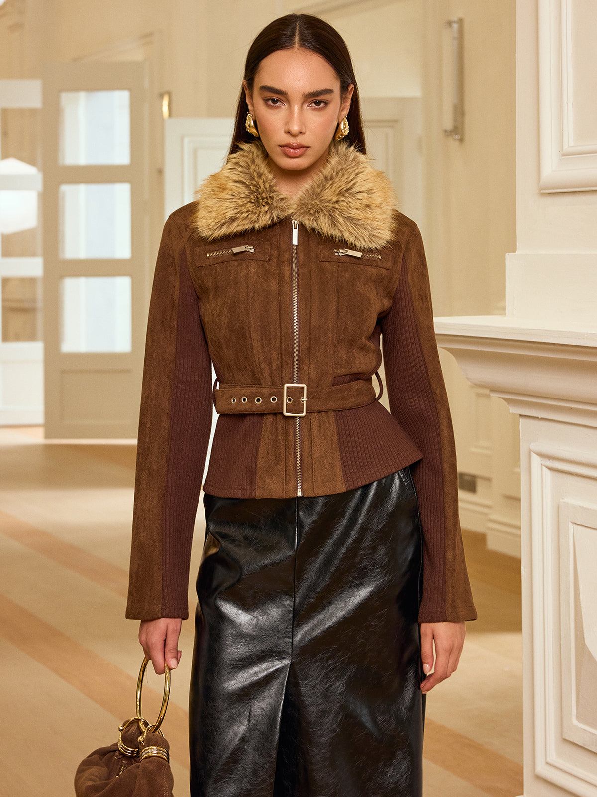 Faux Fur Collar Knit Panel Suede Jacket