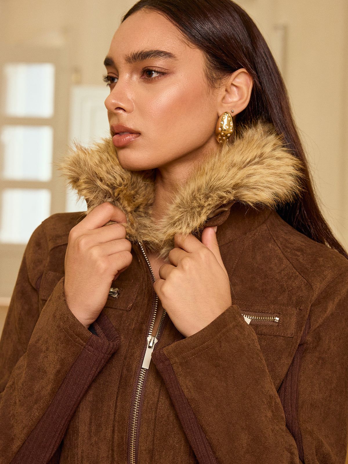 Faux Fur Collar Knit Panel Suede Jacket