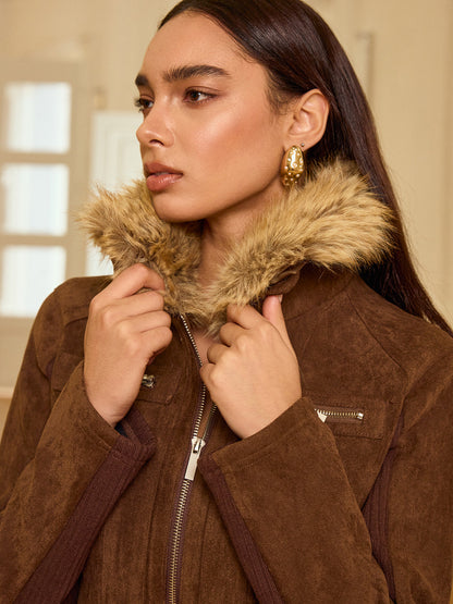 Faux Fur Collar Knit Panel Suede Jacket