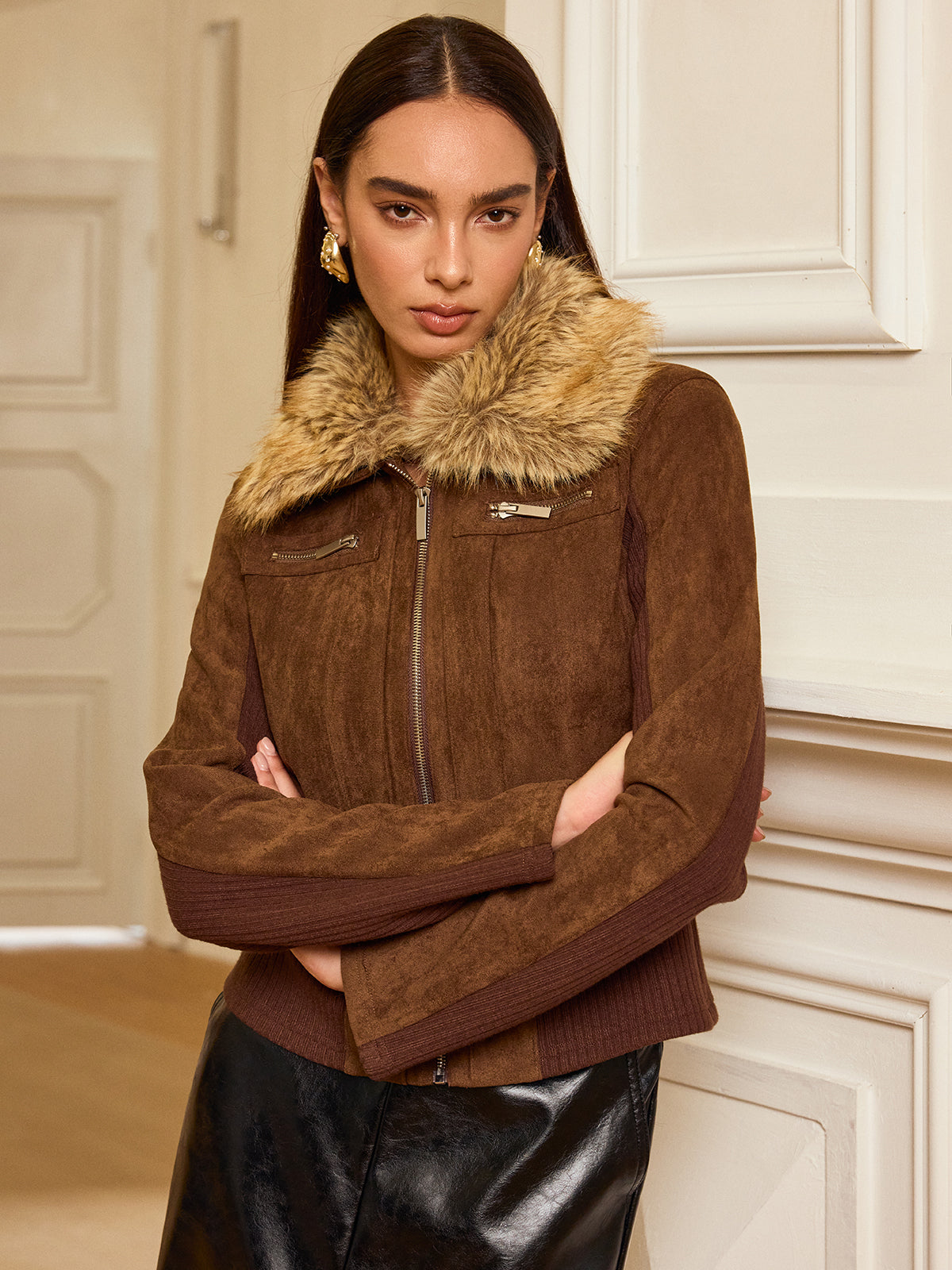 Faux Fur Collar Knit Panel Suede Jacket