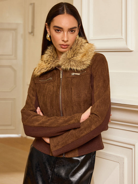 Faux Fur Collar Knit Panel Suede Jacket