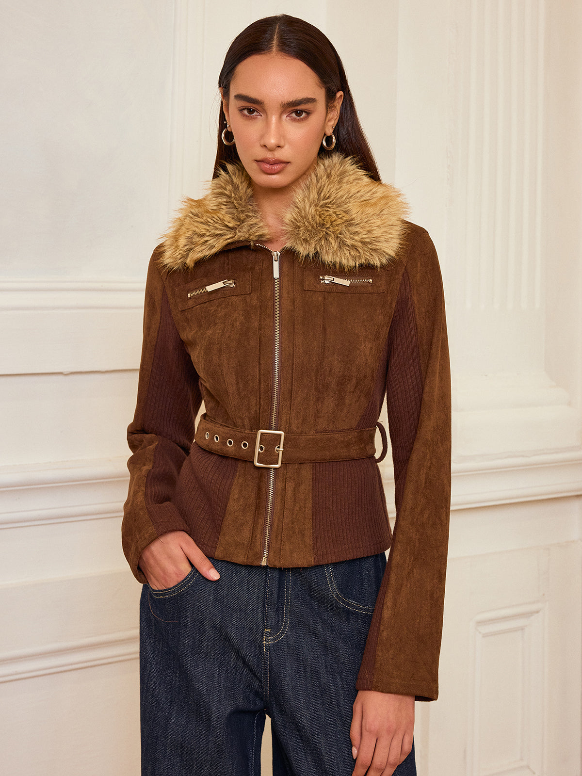 Faux Fur Collar Knit Panel Suede Jacket