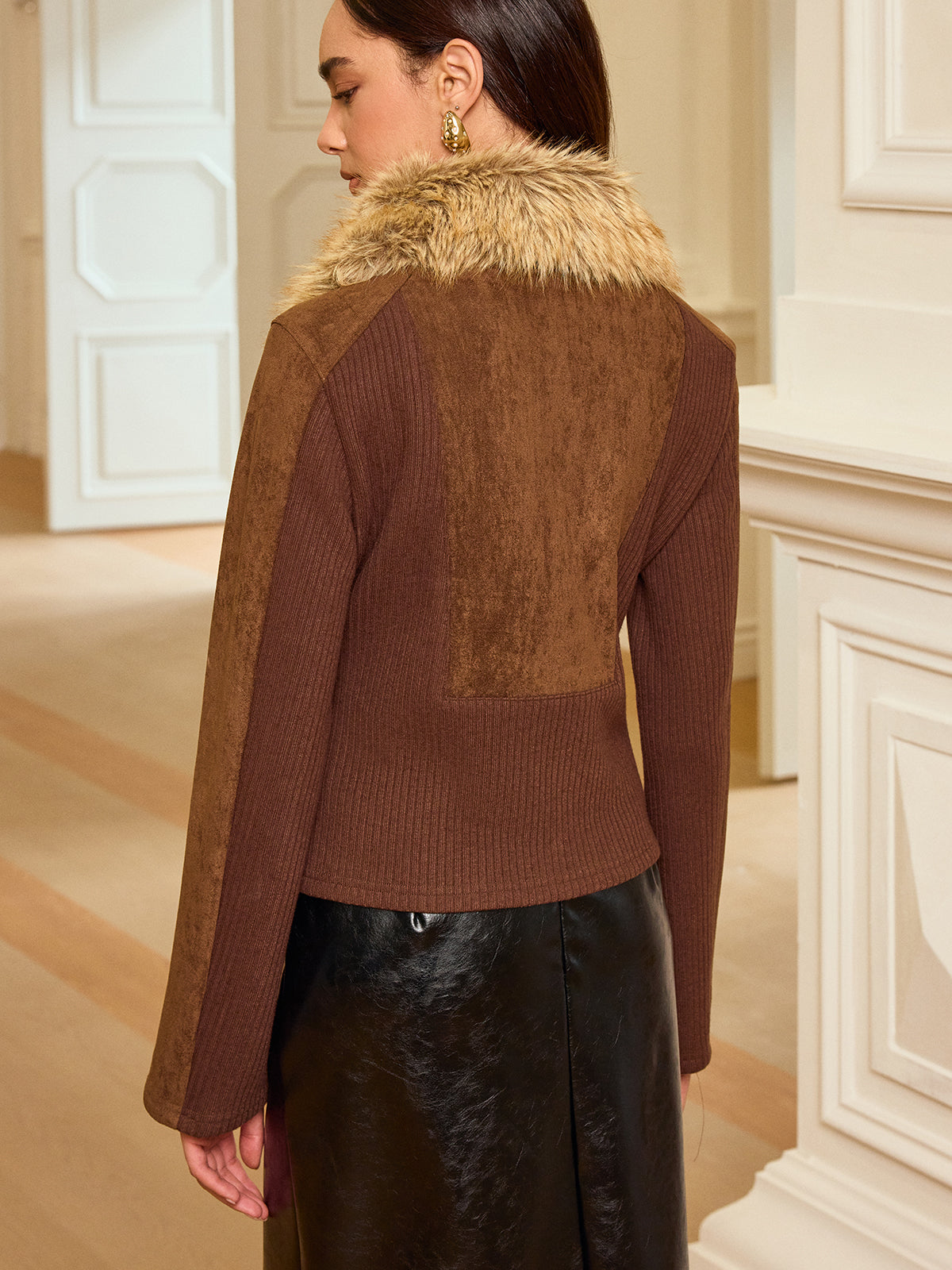 Faux Fur Collar Knit Panel Suede Jacket