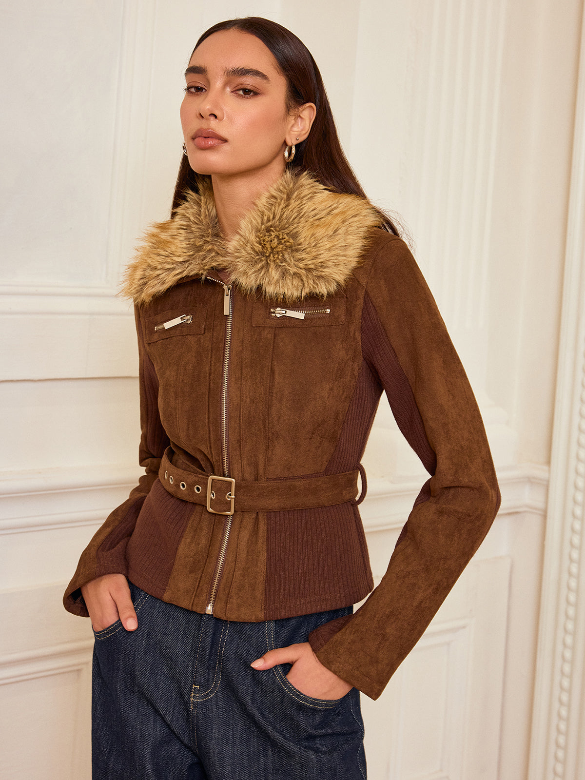 Faux Fur Collar Knit Panel Suede Jacket