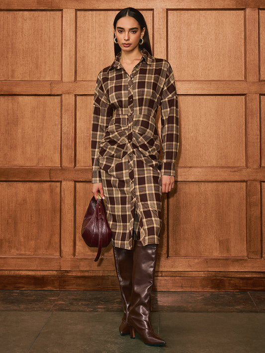 Ruched Button-Front Plaid Shirt Dress