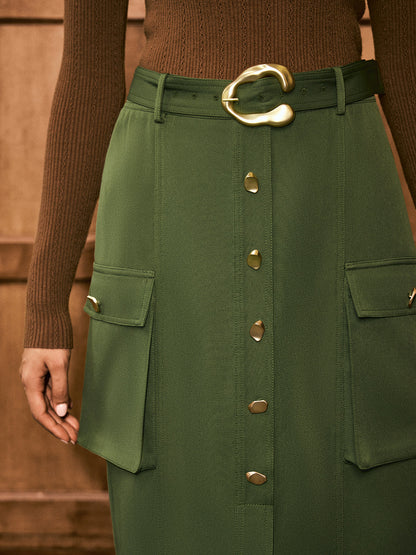 Metal Button Belted Slit Maxi Skirt