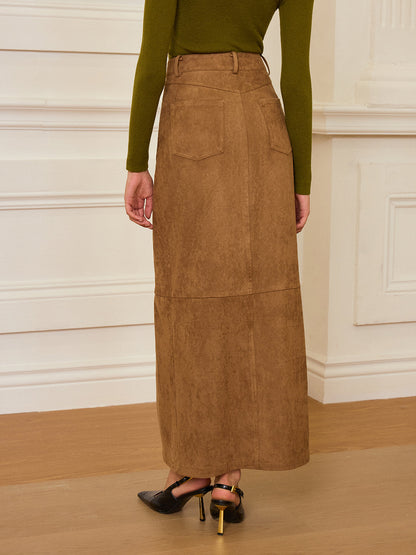 Suede Slit-Front Maxi Skirt