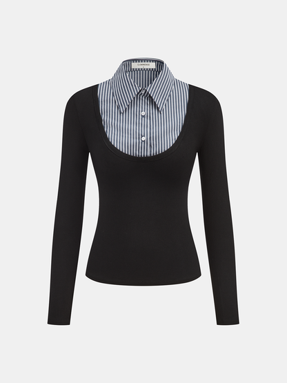 Striped Shirt Panel Long-Sleeve Knit Top