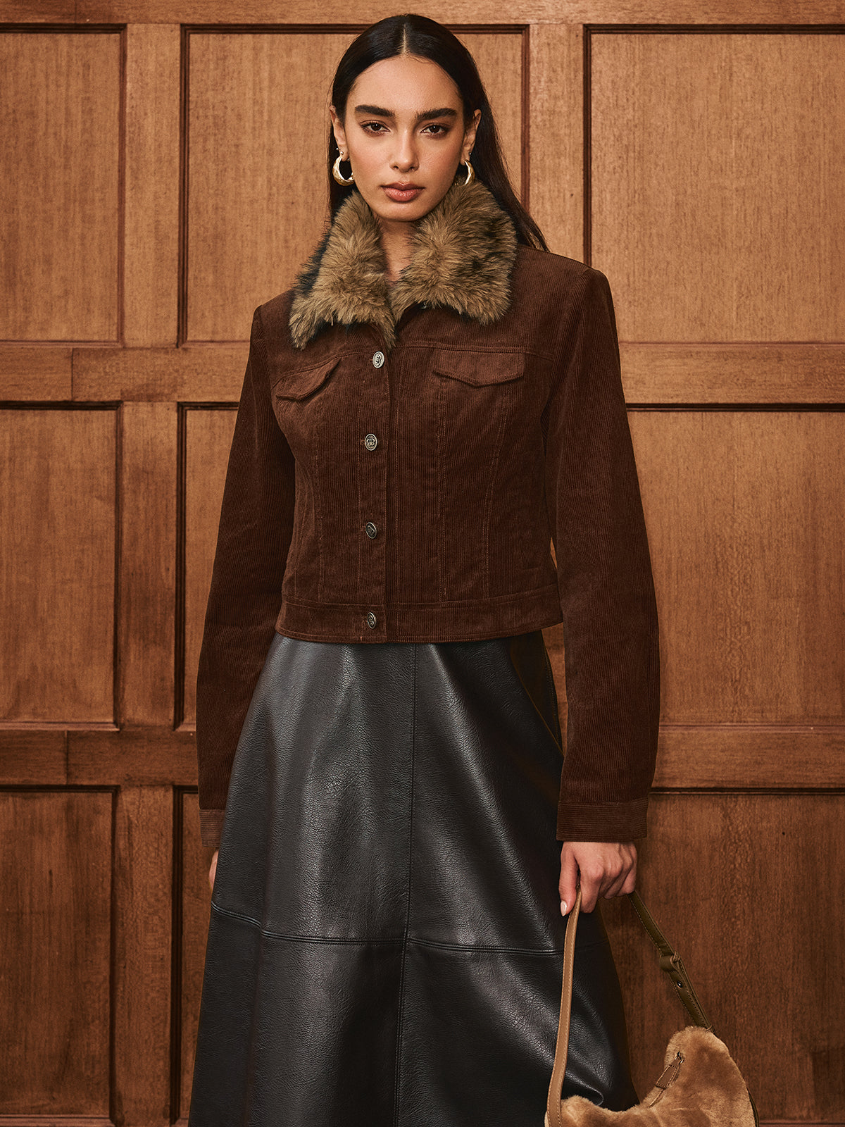 Faux Fur Collar Corduroy Jacket