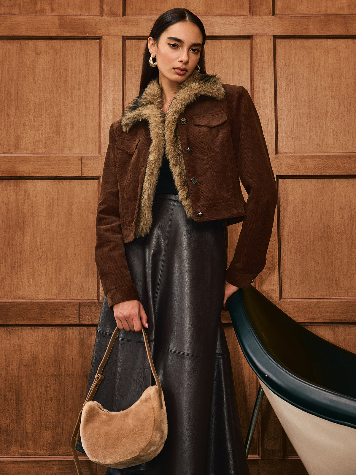 Faux Fur Collar Corduroy Jacket