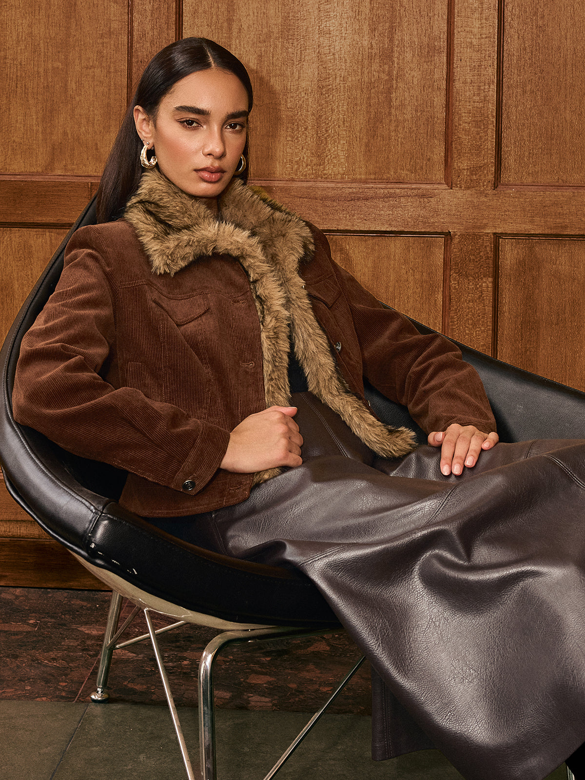Faux Fur Collar Corduroy Jacket