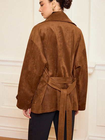 Lapel Suede Belted Trench Coat