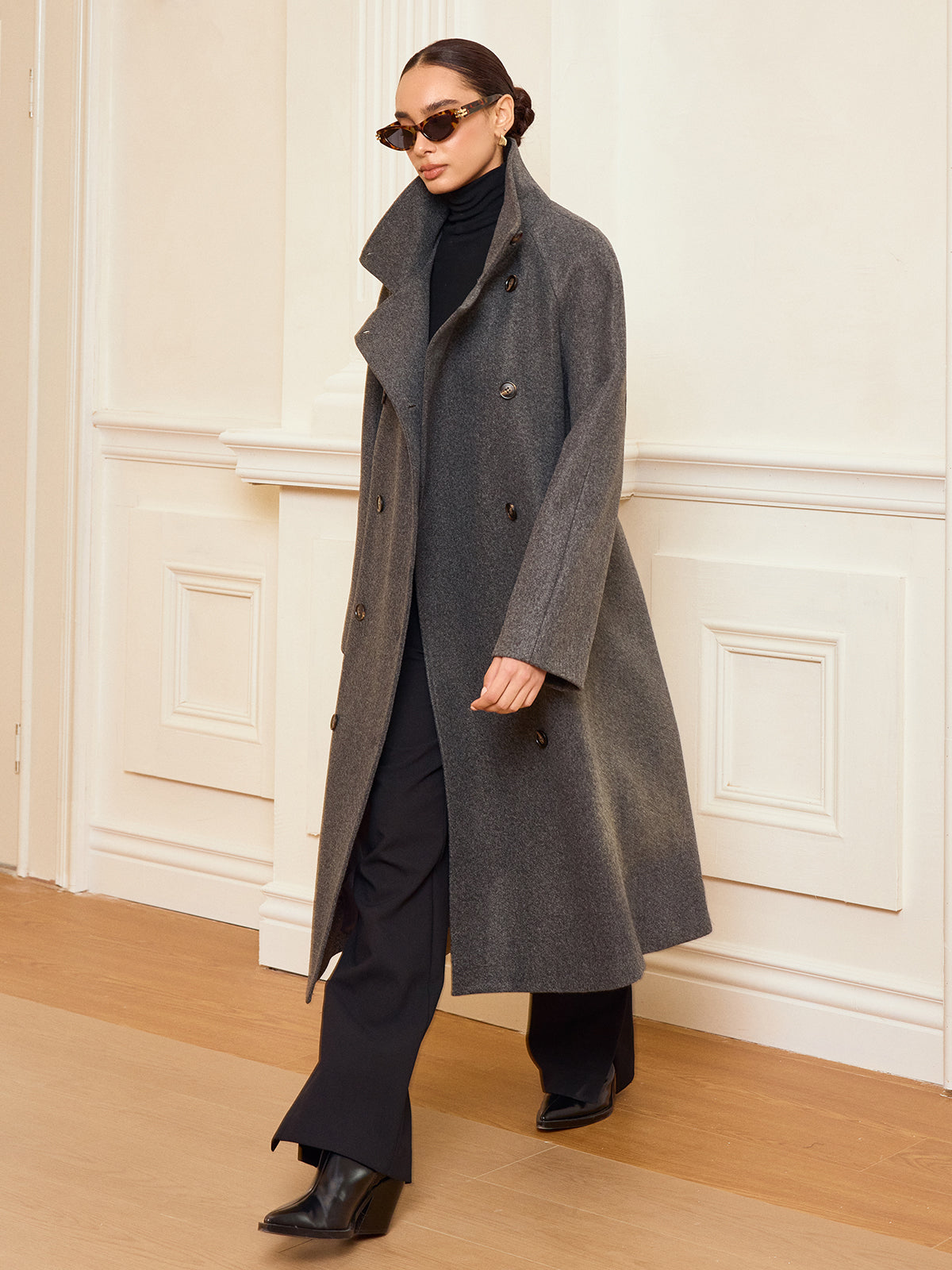 Belted Double-Breasted Tweed Long Coat