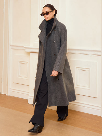 Belted Double-Breasted Tweed Long Coat