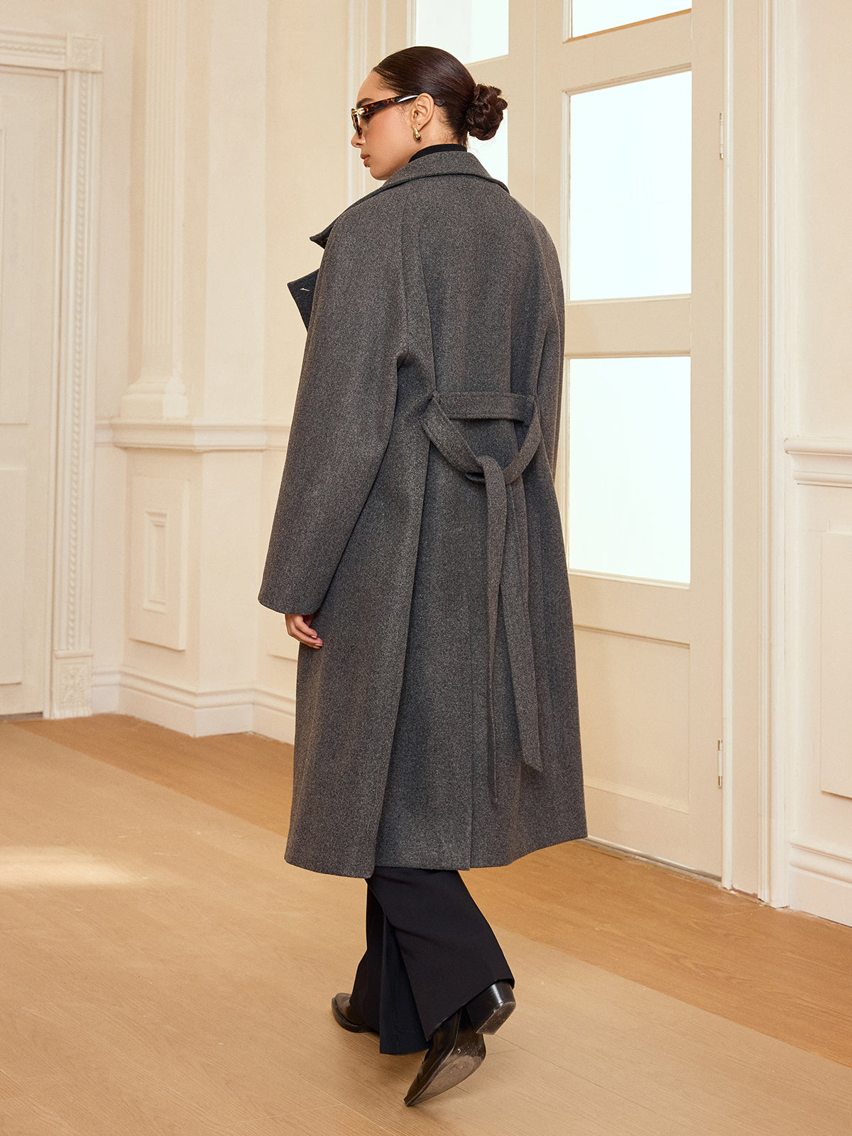 Belted Double-Breasted Tweed Long Coat