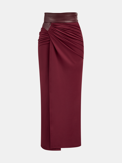 Faux Leather Panel Ruched Midi Skirt