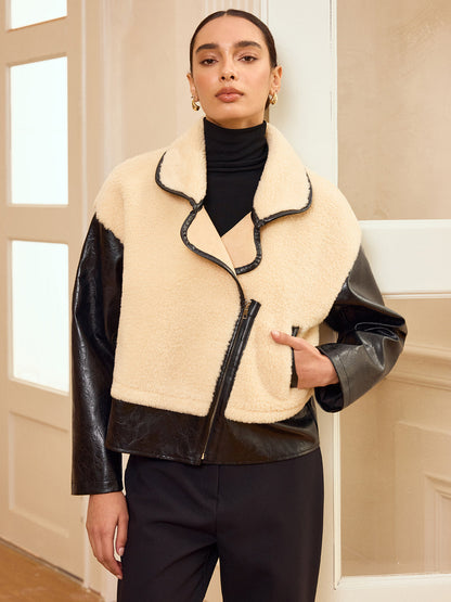 Faux Leather Panel Shearling Jacket