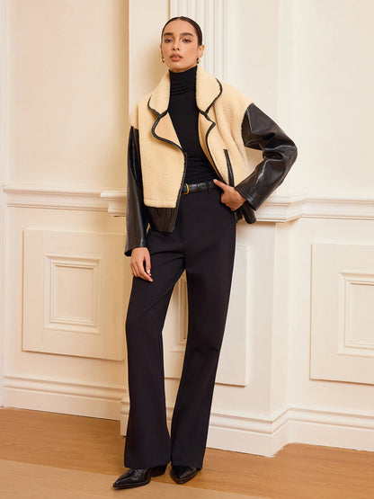 Faux Leather Panel Shearling Jacket