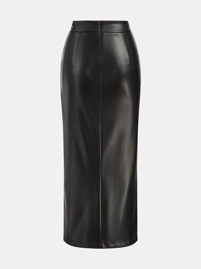 Faux Leather Slit Ruched Maxi Skirt