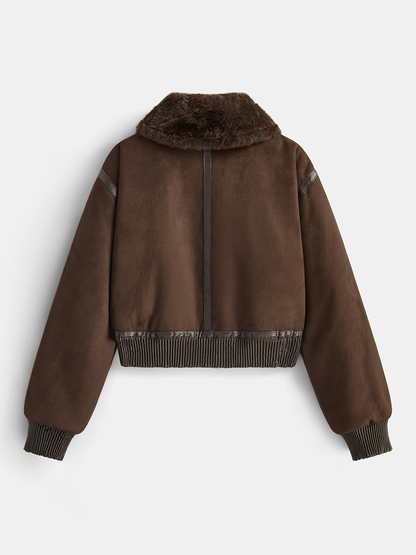 Faux Leather Trim Shearling Jacket