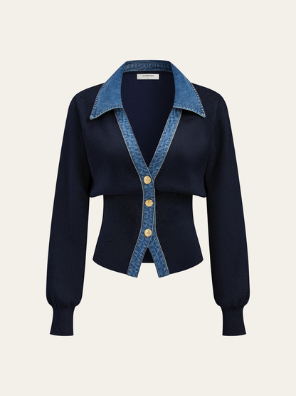 Denim Collar Metal Button V-Neck Knit Top
