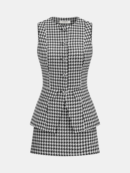 Houndstooth Buttoned Vest and Mini Skirt Set